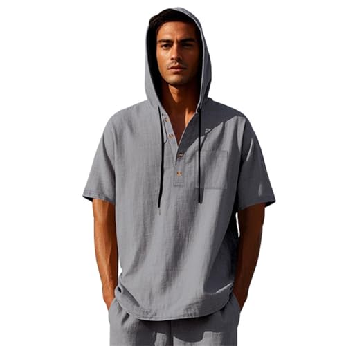 Generisch Leinenhemd Herren Mit Kapuze Sommer Kurzarm Baumwolle Leinen Kapuzenshirt Vintage Einfarbig Strandhemd Atmungsaktiv Bequeme Sommerhemd Comfort Fit Freizeithemden mit Knopfleiste Oberteile von Generisch