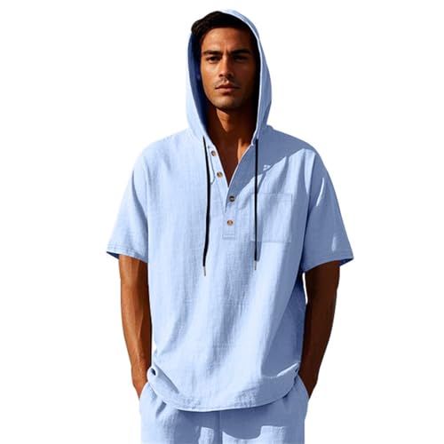 Generisch Leinenhemd Herren Mit Kapuze Sommer Kurzarm Baumwolle Leinen Kapuzenshirt Vintage Einfarbig Strandhemd Atmungsaktiv Bequeme Sommerhemd Comfort Fit Freizeithemden mit Knopfleiste Oberteile von Generisch