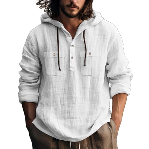 Generisch Leinenhemd Herren Sommer mit Kapuze Hemd Vintage Urlaub Freizeithemden für Herren Leinen Herrenhemden Leicht Langarmhemd Freizeit Sommerhemd Oversize von Generisch