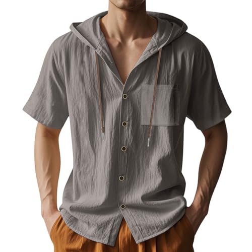 Generisch Leinenhemd Herren mit Kapuzen Sweatshirt Hemd Mit Kordelzug Sommerhemd Stehkragen Freizeithemd Männer Atmungsaktiv Wanderhemd Leichte Kurzarmhemden Sweatshirt Schnelltrocknend von Generisch