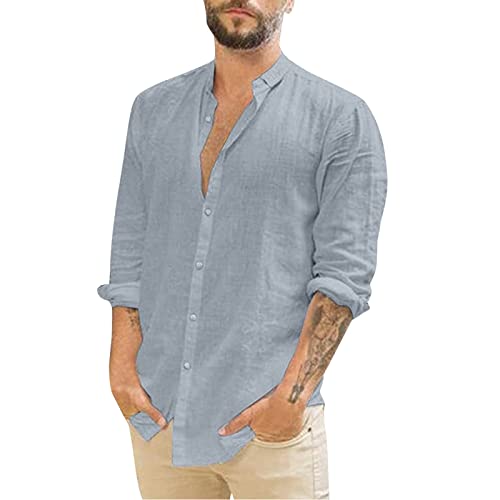 Generisch Leinenhemd Langarm Herren Leichtes Sommerhemd Button-Down Hawaiihemd Schnelltrocknend Businesshemd Casual Leinenshirt Stehkragen Atmungsaktiv Freizeithemd Bequem Strand Oberteile von Generisch
