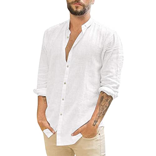 Generisch Leinenhemd Langarm Herren Leichtes Sommerhemd Button-Down Hawaiihemd Schnelltrocknend Businesshemd Casual Leinenshirt Stehkragen Atmungsaktiv Freizeithemd Bequem Strand Oberteile von Generisch