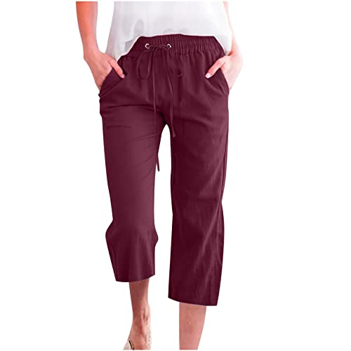 Generisch Leinenhose Damen 3/4 Leicht Sommerhose Stoffhose Freizeithose Strandhose Einfarbig Locker Bequeme Chino Musselin Hose mit Taschen Bequem Sporthose für Frauen von Generisch