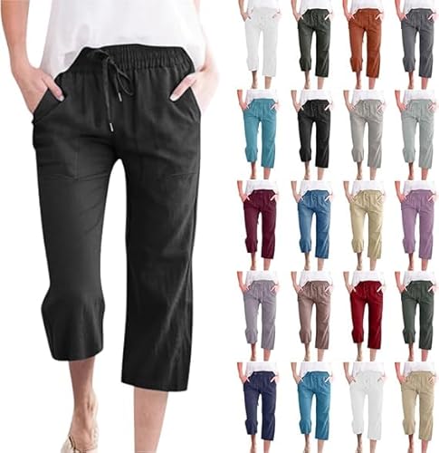 Generisch Leinenhose Damen 3/4 Leicht Sommerhose Stoffhose Freizeithose Strandhose Einfarbig Locker Bequeme Chino Musselin Hose mit Taschen Bequem Sporthose für Frauen von Generisch