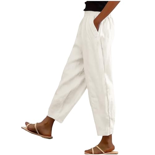 Generisch Leinenhose Damen 7/8 Baggy Sommerhosen Musselin Stoffhose Sommer Freizeithose Bequeme Strandhose Strand Hosen Lockere Damenhosen mit Gummizug Leichte Sommerhose Weiß XXL von Generisch