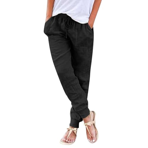 Leinenhose Damen 7/8 - Sommerhose Leicht Sommer Stoffhose Bequeme Luftige Freizeithose Einfarbig Strandhose Einfarbig Casual Musselin Hose Locker Straight-Hosen Mit Kordelzug Und Taschen von Generisch