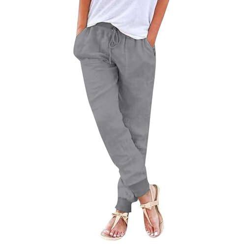 Generisch Leinenhose Damen 7/8 - Sommerhose Leicht Sommer Stoffhose Bequeme Luftige Freizeithose Einfarbig Strandhose Einfarbig Casual Musselin Hose Locker Straight-Hosen Mit Kordelzug Und Taschen von Generisch