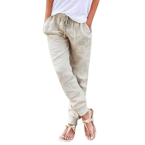 Generisch Leinenhose Damen 7/8 - Sommerhose Leicht Sommer Stoffhose Bequeme Luftige Freizeithose Einfarbig Strandhose Einfarbig Casual Musselin Hose Locker Straight-Hosen Mit Kordelzug Und Taschen von Generisch