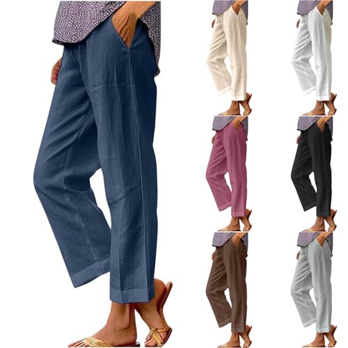 Generisch Leinenhose Damen Baggy Sommerhose Leicht Sommer Baumwolle Leinen Stoffhose Weite Freizeithose Bequeme Strandhose Musselin Hosen Straight Leg Damenhosen Dunkelblau XL von Generisch