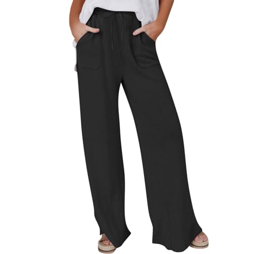 Generisch Leinenhose Damen Baggy Sommerhosen Baumwolle Leinen Stoffhose Sommer Freizeithose Bequeme Strandhose Musselin Hosen Wide Leg Damenhosen Leichte Sommerhose Schwarz S von Generisch