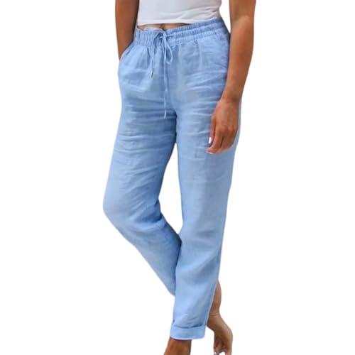 Generisch Leinenhose Damen Leinenhose Damen Sommer 7 8 Stoffhose Sommer mit Gummizug Straight Leg Baumwolle leinen Hose Bequeme leicht elegant locker Schlupfhose Stoffhose a-blau von Generisch