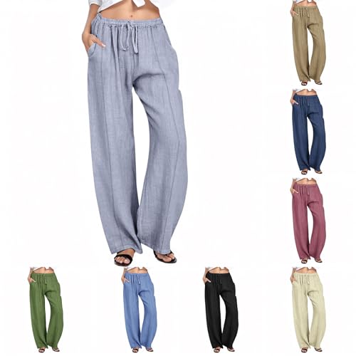 Generisch Leinenhose Damen Locker Sommerhose mit Kordelzug Leicht Sommer Stoffhose Freizeithose Strandhose Einfarbig Bequeme Mädchen Musselin Hose mit Taschen(#01-01, 3XL) von Generisch
