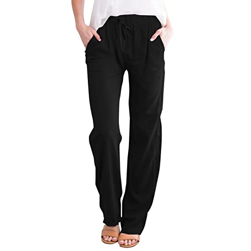 Generisch Leinenhose Damen Sommer Baumwolle Unifarben Leinen mit Elastischen Kordelzug Straight Weite Beine Hose mit Taschen Hinter Sweatpants Slim Fit Freizeithose Lang Bequem Stoffhose Leinen von Generisch