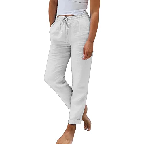 Generisch Leinenhose Damen Sommer Casual Baumwolle Leinen Stoffhose Einfarbig Freizeithose Stretch Leicht Straight Leg Hose Kordelzug und Taschen Freizeithose Strandhose Palazzo Hose für Frauen von Generisch