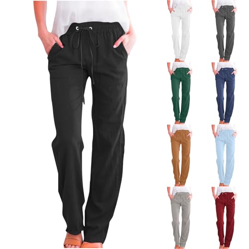 Generisch Leinenhose Damen Sommer Freizeithose Leichte Sommerhose Baumwolle Leinen Hosen Musselin Stoffhose Bequeme Strandhose Straight Leg Damenhosen mit Gummizug Strand Hose Schwarz XL von Generisch