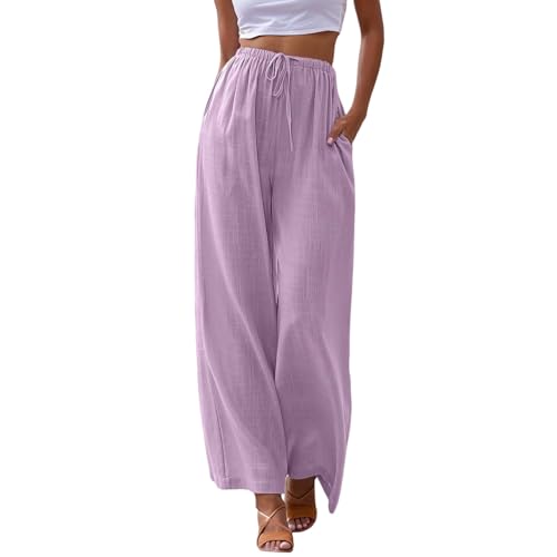 Leinenhose Damen Sommer Hohe Taille Freizeithose mit Taschen Elastische Flowy Casual Weite Hose mit Kordelzug Elegant Streetwear Weich Bequem Strandhose von Generisch