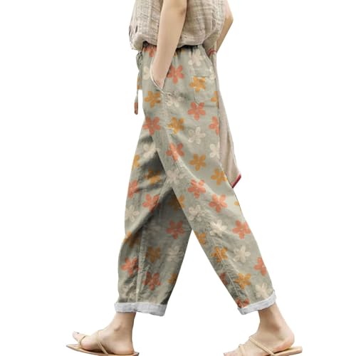 Generisch Leinenhose Damen Sommer Leicht Sommerhose 7/8 Luftig Lockere Hosen mit Tunnelzug im Frühling Beachparty Outfit Jogginghose Arbeitshose Leichte Freizeithose Freizeithosen Gerade Strandhose von Generisch