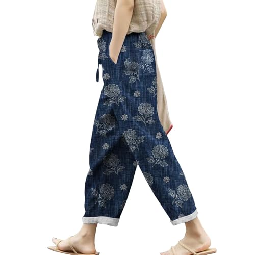 Generisch Leinenhose Damen Sommer Leicht Sommerhose 7/8 Luftig Lockere Hosen mit Tunnelzug im Frühling Beachparty Outfit Jogginghose Arbeitshose Leichte Freizeithose Freizeithosen Gerade Strandhose von Generisch