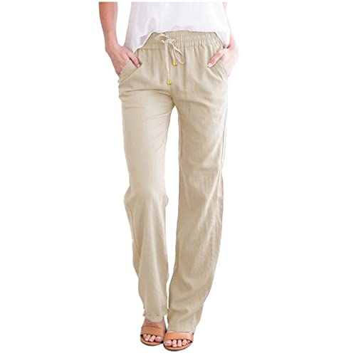 Generisch Leinenhose Damen Sommer Leichte Locker Freizeithose Sommerhose Hohe Taille Linen Pants Bequeme Baumwolle Hosen Gummizug Stretch Straight Leg Musselin Hose Strandhose Stoffhose mit Taschen von Generisch