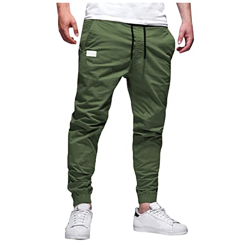 Generisch Leinenhose Herren, Jogginghose Herren Cargohose Wanderhose Chino Hose Freizeit Hosen Für Outdoor Mit Vielen Taschen Elastische Taille Pants Kordelzug Stretch Schwarz Straight (L, Green) von Generisch