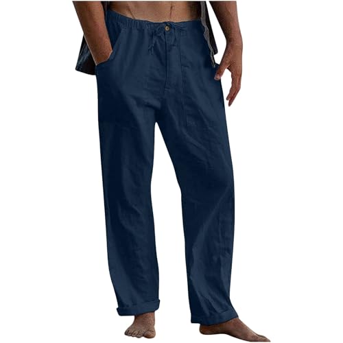 Generisch Leinenhose Herren Cargo Hose Outlet 2025 Sommerhose Baumwolle Leinen Cargo Hosen Prime Jungen Jogginghose Einfarbig Freizeit Rot Wide Leg Wanderhose Outlet Angebote Dunkelblau L von Generisch