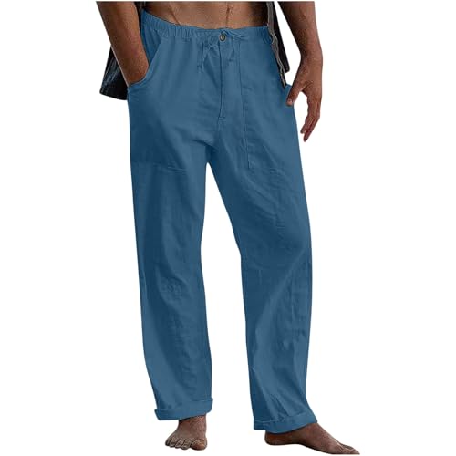 Generisch Leinenhose Herren Cargo Hose Sale 2025 Leichte Sommerhose Baumwolle Leinen Casual Cargo Hosen Sale Angebote Junge Jogginghose Weiß Oversize Sporthosen Angebote Himmelblau L von Generisch