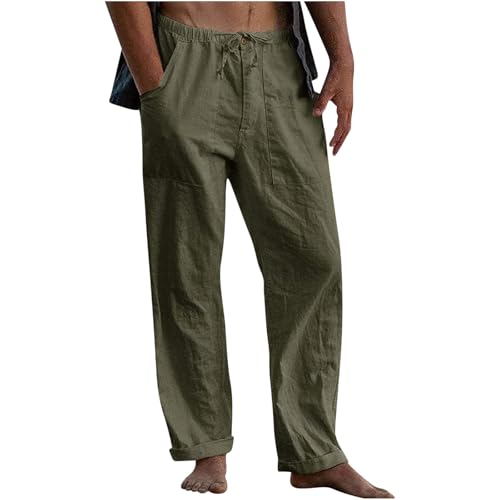 Generisch Leinenhose Herren Cargo Hosen Sale Basic Leichte Sommerhose Baumwolle Leinen Mode Cargo Hose Prime Jungen Jogginghose 2025 Weiß Strandhose Lang Stoffhose Gutschein Armeegrün 5XL von Generisch