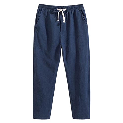 Generisch Leinenhose Herren Hose Lang Leicht Sommerhose Kordelzug Taschen Einfarbig Freizeithose Lang Für Männer Strandhose Urlaub Alltag (Marine, 5XL) von Generisch