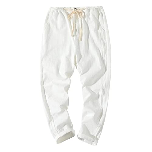 Generisch Leinenhose Herren Hose Lang Leicht Sommerhose Kordelzug Taschen Einfarbig Freizeithose Lang Für Männer Strandhose Urlaub Alltag (Weiß, 5XL) von Generisch