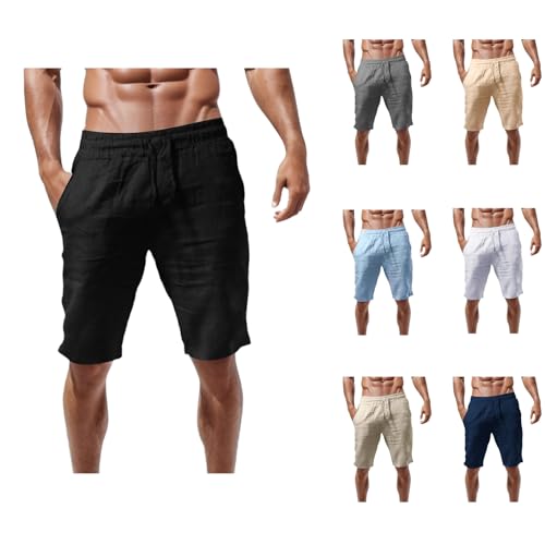 Generisch Leinenhose Herren Kurz Sommer Bequeme Atmungsaktiv Leinen Shorts Mit Taschen Casual Sommerhose Elastische Taille Leichte Strandshorts Männer Freizeithose von Generisch