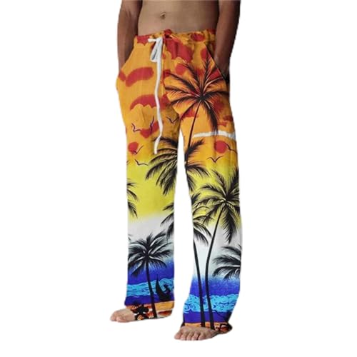 Generisch Leinenhose Herren Lang Leicht Sommerhose Strandhose Herbst Hose Hawaii Drucken Freizeithose Universal Fit (Orange S) von Generisch