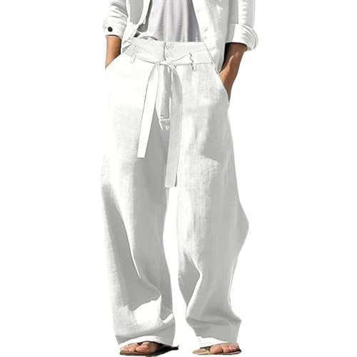 Generisch Leinenhose Herren Lang mit Kordelzug Leichte Hose Herren Freizeithose für Männer Strandhose Urlaub Leinenhose Herren Weiss breite Hosen Herren elegant Hosen Herren Sommer Festliche von Generisch