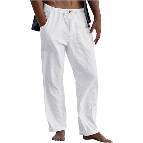 Generisch Leinenhose Herren Sommer Freizeithose Leichte Sommerhose Baumwolle Leinen Stoffhose mit Kordelzug Bequeme Strandhose Baggy Chino Hose Freizeit Hosen Weiß 5XL von Generisch