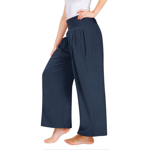 Generisch Leinenhose Mädchen Elegant Weites Bein Hose Baumwolle Leinen Stoffhose Casual Lose Sommer Strandhose Einfarbig Lässig Sommerhose Leicht Atmungsaktiv Freizeithose High Waist Sporthose von Generisch