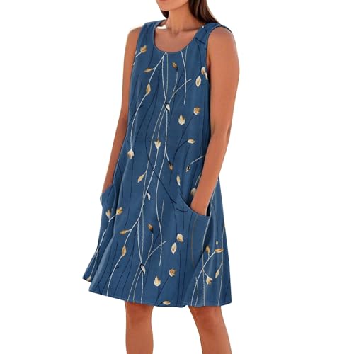Generisch Leinenkleid,Strandkleid Damen,Sommerkleid Damen Ärmellos Round-Ausschnitt Strandkleid Blumen Knielang Leicht Kurzarm Kleid Freizeitkleid mit Taschen Casual Lässig Tank Kleid von Generisch