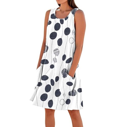Generisch Leinenkleid,Strandkleid Damen,Sommerkleid Damen Ärmellos Round-Ausschnitt Strandkleid Blumen Knielang Leicht Kurzarm Kleid Freizeitkleid mit Taschen Casual Lässig Tank Kleid von Generisch