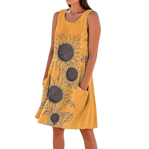 Generisch Leinenkleid,Strandkleid Damen,Sommerkleid Damen Ärmellos Round-Ausschnitt Strandkleid Blumen Knielang Leicht Kurzarm Kleid Freizeitkleid mit Taschen Casual Lässig Tank Kleid von Generisch