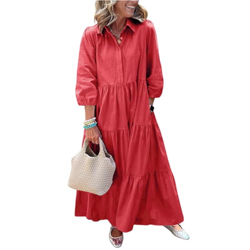 Generisch Leinenkleid Blusenkleid Damen Musselin Kleid Luftige Sommerkleider Sommerkleid Midi Shirtkleid Damen Wickelkleid Maxikleid Langarm Leinenkleider Hemdkleid Musselin Blusenkleid AOC238 von Generisch