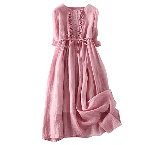 Generisch Leinenkleid Damen Sommer Große Größen Boho Blumenkleid Sommerkleid Strandkleider Midi Kurz Tunika Kleider Leicht Knielang Blusenkleid Abendkleider Kurzarm von Generisch