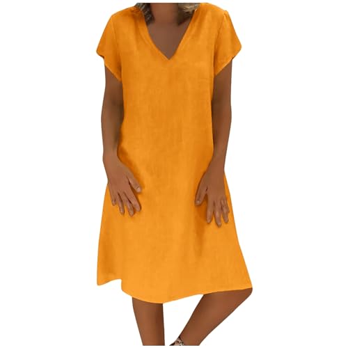 Generisch Leinenkleid Damen Sommer Kleid Boho Blumenkleid Sommerkleid Strandkleider Midi Kurz Tunika Kleider Leicht Knielang Blusenkleid Midikleid Strandkleid von Generisch