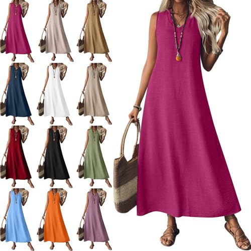 Generisch Leinenkleid Damen V-Ausschnitt Tunika Maxikleid Lässig Sommer Bescheiden Lang Strand Urlaub Sonnenkleider (Rose red,XXL) von Generisch