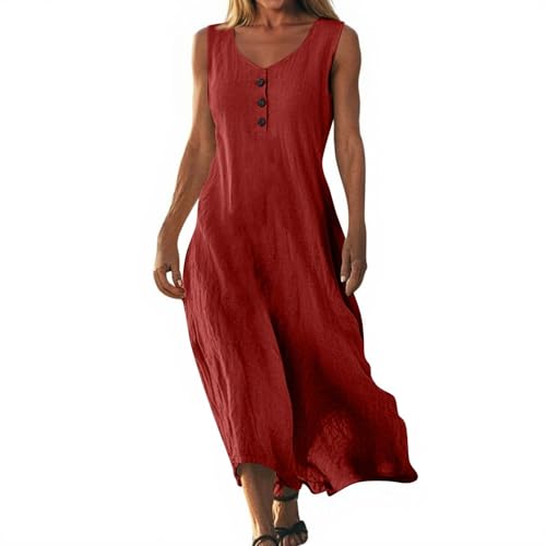Leinenkleid Trägerkleid Damen Schicke Sommerkleider Luftige Sommerkleider Maxikleid Leinenkleider Musselin Kleider Damen Sommer Maxi Kleid Grosse grössen langes Kleid v Ausschnitt AOC113 von Generisch