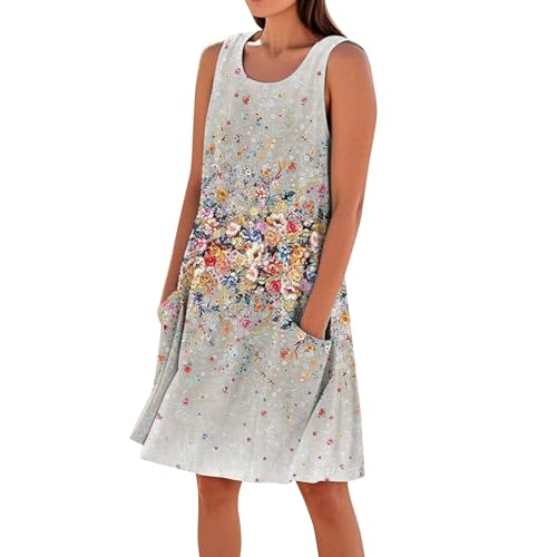 Generisch Leinenkleider Damen Sommer,Strandkleid Damen Sommerkleid Ärmellos Round-Ausschnitt Strandkleid Blumen Knielang Leicht Kurzarm Kleid Knielang Freizeitkleider Casual Midikleid mit Taschen von Generisch