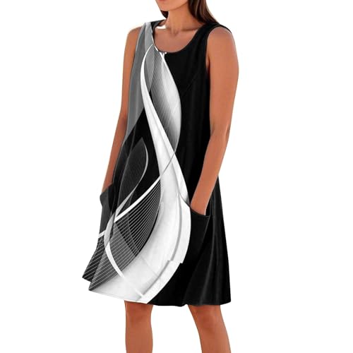 Generisch Leinenkleider Damen Sommer,Strandkleid Damen Sommerkleid Ärmellos Round-Ausschnitt Strandkleid Blumen Knielang Leicht Kurzarm Kleid Knielang Freizeitkleider Casual Midikleid mit Taschen von Generisch
