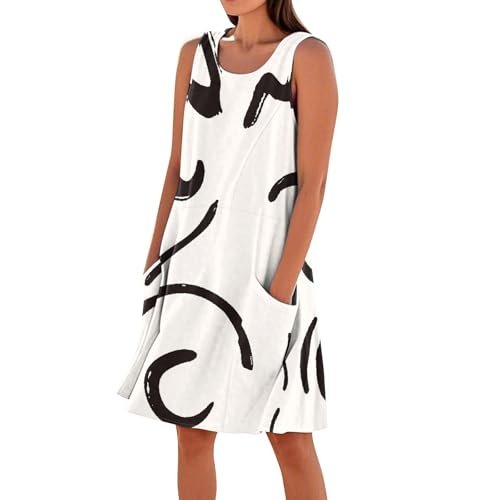 Generisch Leinenkleider Damen Sommer,Strandkleid Damen Sommerkleid Ärmellos Round-Ausschnitt Strandkleid Blumen Knielang Leicht Kurzarm Kleid Knielang Freizeitkleider Casual Midikleid mit Taschen von Generisch