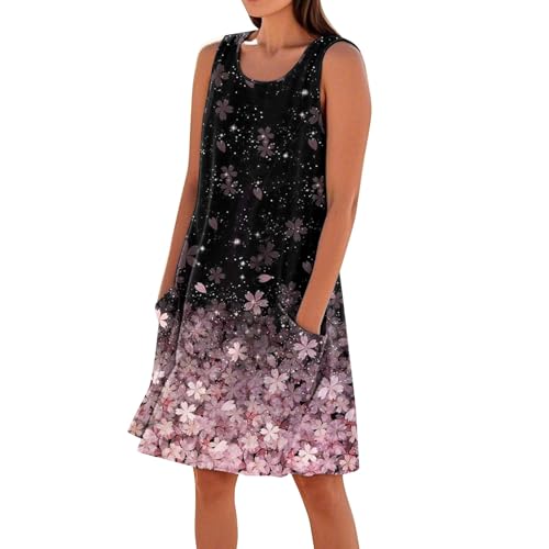 Generisch Leinenkleider Damen Sommer,Strandkleid Damen Sommerkleid Ärmellos Round-Ausschnitt Strandkleid Blumen Knielang Leicht Kurzarm Kleid Knielang Freizeitkleider Casual Midikleid mit Taschen von Generisch