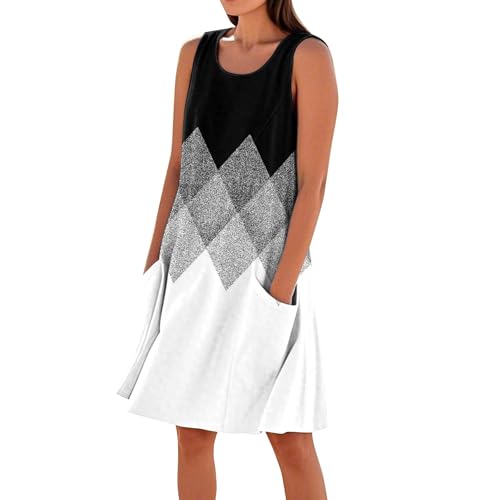 Generisch Leinenkleider Damen Sommer,Strandkleid Damen Sommerkleid Ärmellos Round-Ausschnitt Strandkleid Blumen Knielang Leicht Kurzarm Kleid Knielang Freizeitkleider Casual Midikleid mit Taschen von Generisch
