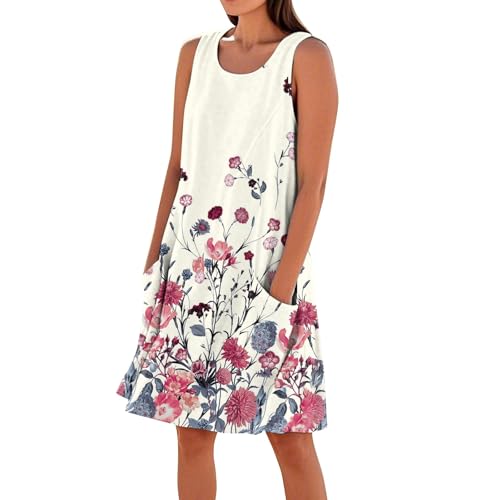 Generisch Leinenkleider Damen Sommer,Strandkleid Damen Sommerkleid Ärmellos Round-Ausschnitt Strandkleid Blumen Knielang Leicht Kurzarm Kleid Knielang Freizeitkleider Casual Midikleid mit Taschen von Generisch