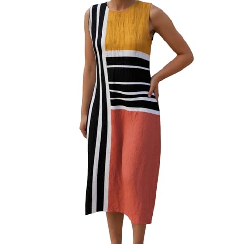 Generisch Leinenkleider Damen Sommer Ärmellos Strandkleid Lang Baumwolle Sommerkleid Casual Rundhals Vintage Blumendruck Freizeitkleid Leicht Luftig Midikleid mit Taschen von Generisch