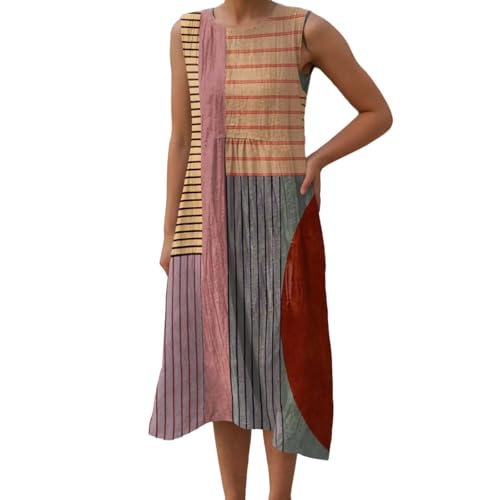Generisch Leinenkleider Damen Sommer Ärmellos Strandkleid Lang Baumwolle Sommerkleid Casual Rundhals Vintage Blumendruck Freizeitkleid Leicht Luftig Midikleid mit Taschen von Generisch
